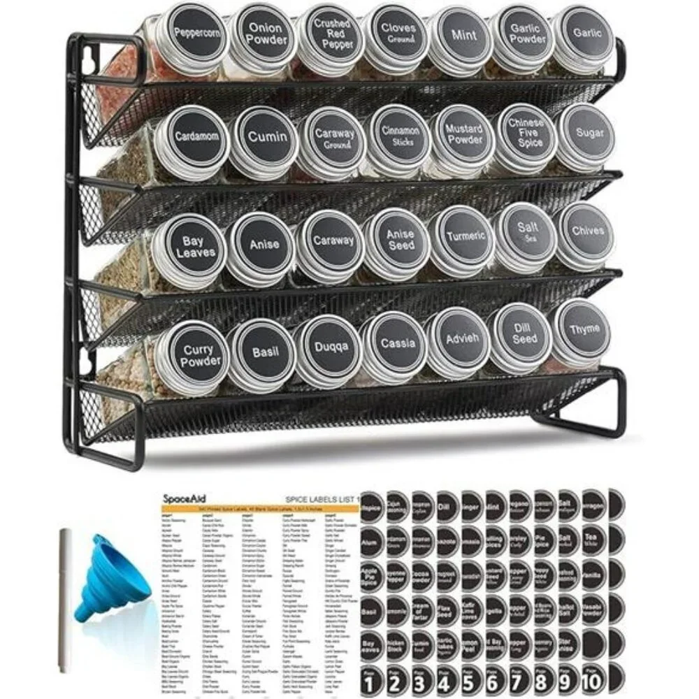 4 tier spice rack with 28 glass jars labels funnel kitchen cabinet pantry storag